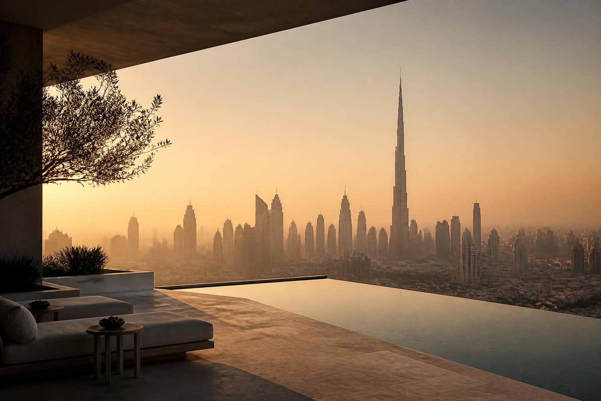 A terrace overlooking the Dubai skyline at golden hour
